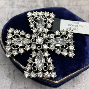 New Premier Designs Royalty Cross Brooch/Pendant. Silvertone Rhinestone Cross